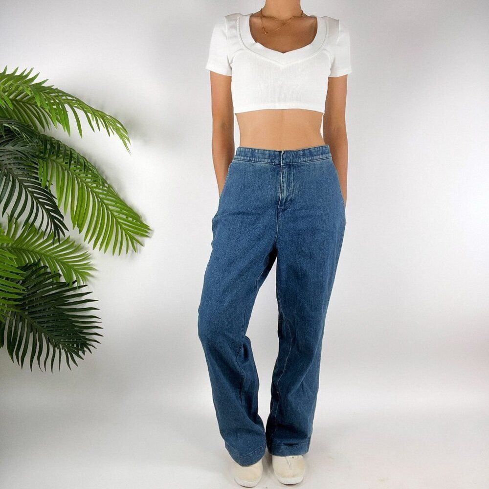 Women's Denim & Company Casual High Waisted Bootcut Comfort Blue Jeans / 12